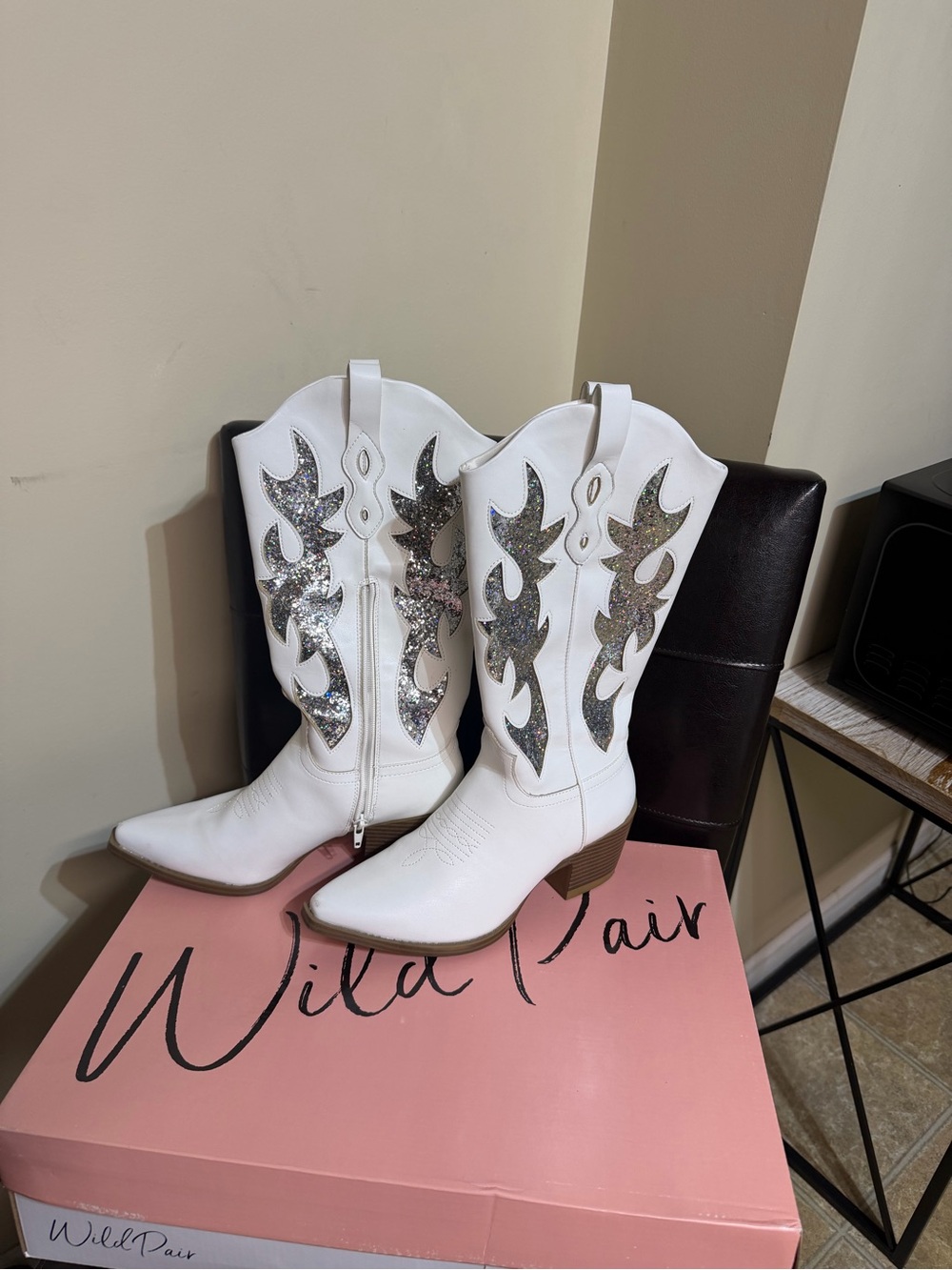 Wild Pair White Boots with Silver Glitter Western Inset
